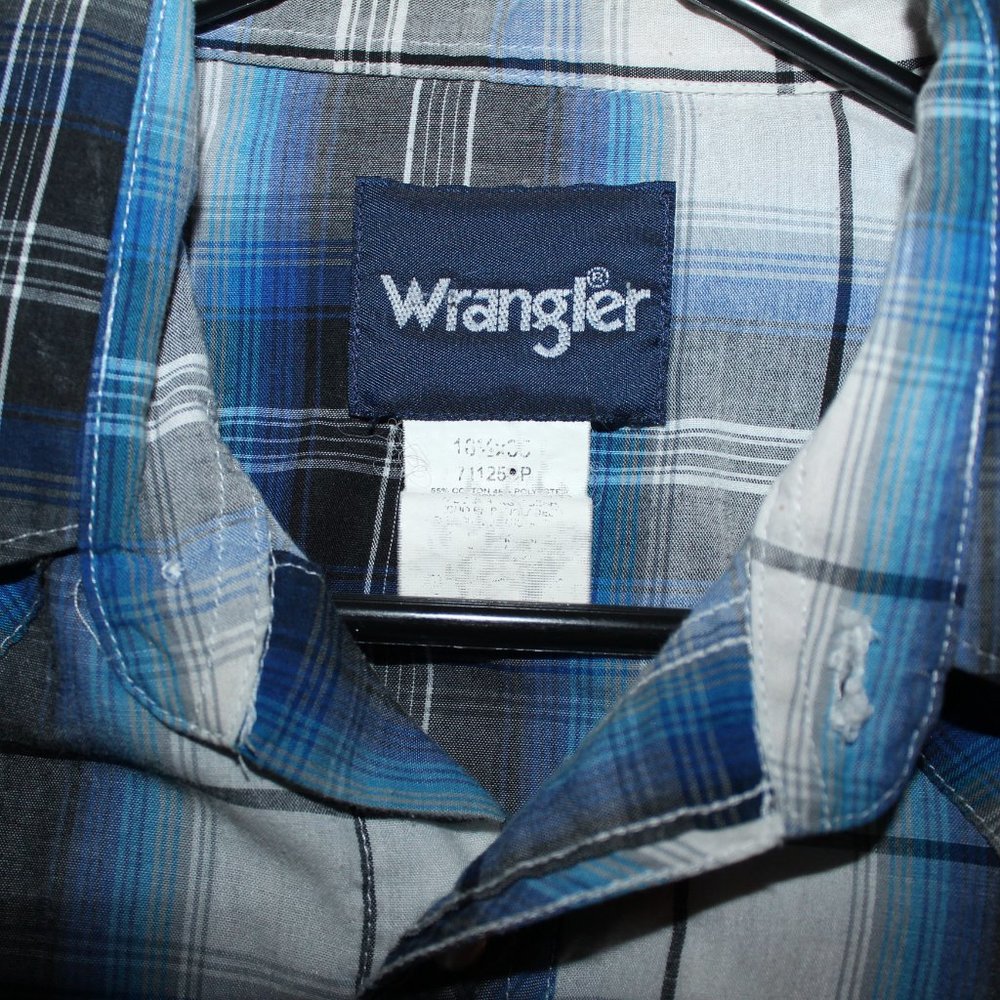 Wrangler Western Wear Long Sleeve Blue Plaid Shirt L (16.5 - 35) - Vintage - Picture 3 of 3